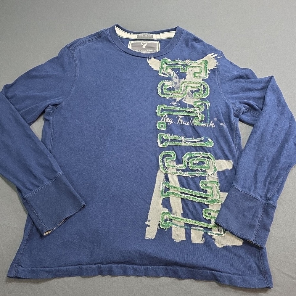 American‎ Eagle All Over Print  Big Logo Navy Long Sleeve Pullover Men's L